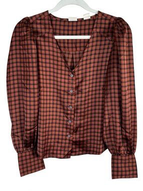 Levi’s Satin Kit Blouse Women’s Size XS Plaid V-neck Button Up Collarless Orange